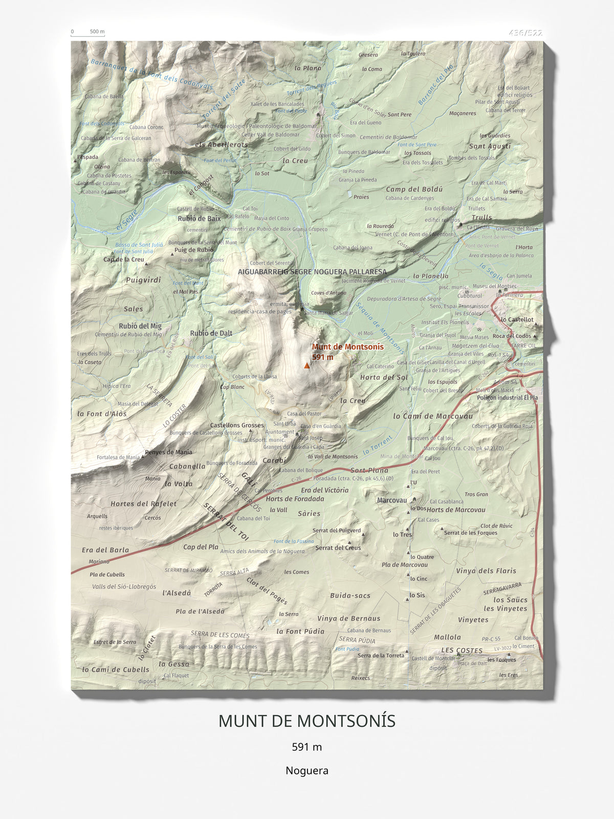 Mapa de relieve de Munt de Montsonís, 591 m, Noguera, lámina 100 Cims de Trobart 30 × 40 cm.