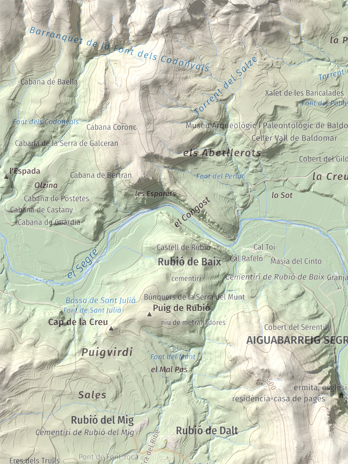 Mapa de relieve de Munt de Montsonís, 591 m, Noguera, lámina 100 Cims de Trobart. Detalle de la zona superior izquierda. 30 × 40 cm.