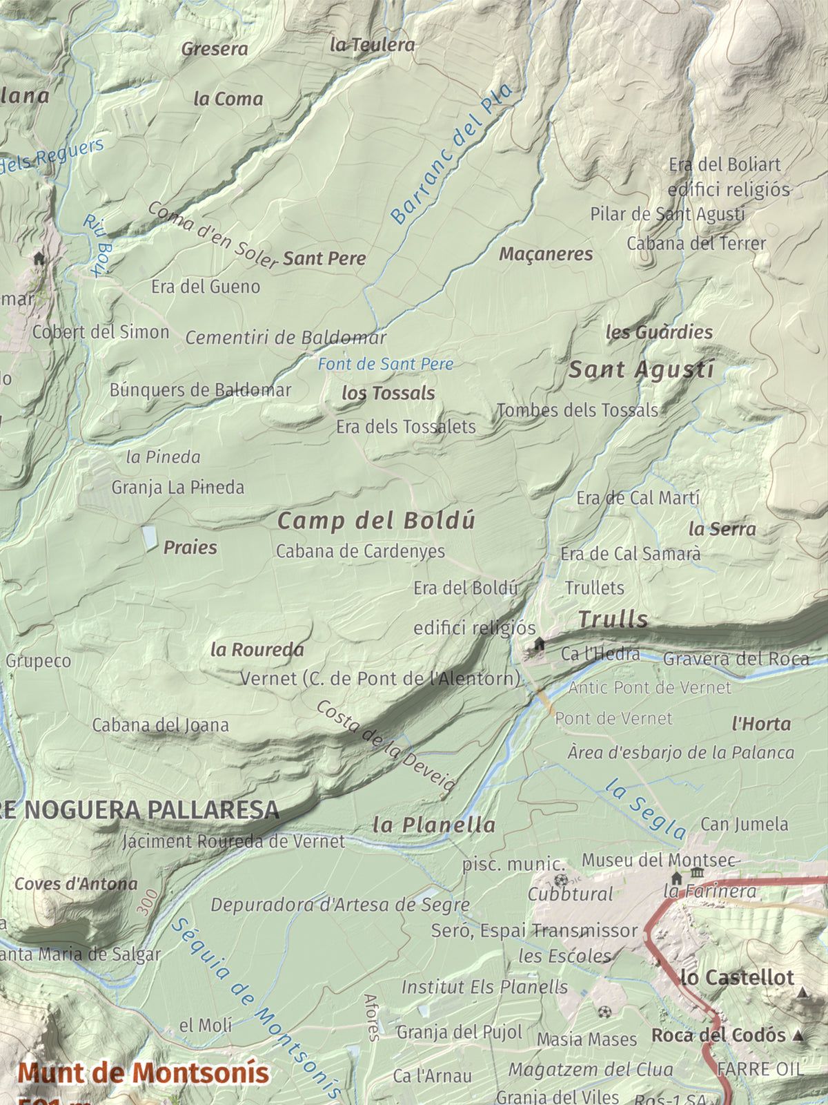 Mapa de relieve de Munt de Montsonís, 591 m, Noguera, lámina 100 Cims de Trobart. Detalle de la zona superior derecha. 30 × 40 cm.