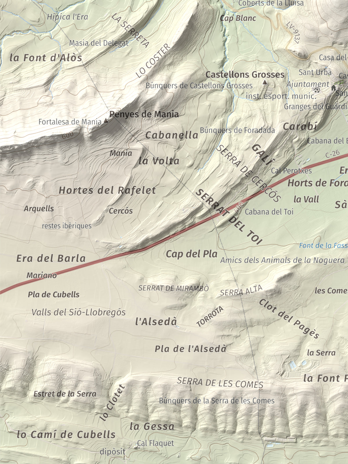 Mapa de relieve de Munt de Montsonís, 591 m, Noguera, lámina 100 Cims de Trobart. Detalle de la zona inferior izquierda. 30 × 40 cm.