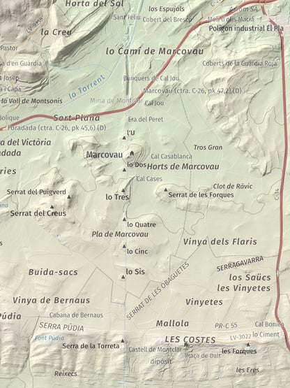Mapa de relieve de Munt de Montsonís, 591 m, Noguera, lámina 100 Cims de Trobart. Detalle de la zona inferior derecha. 30 × 40 cm.