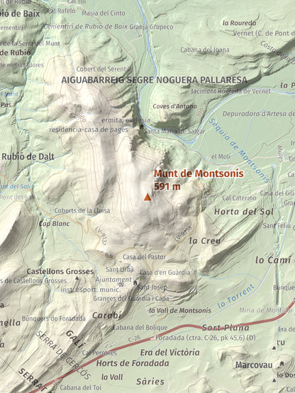 Mapa de relieve de Munt de Montsonís, 591 m, Noguera, lámina 100 Cims de Trobart. Detalle de la zona central. 30 × 40 cm.