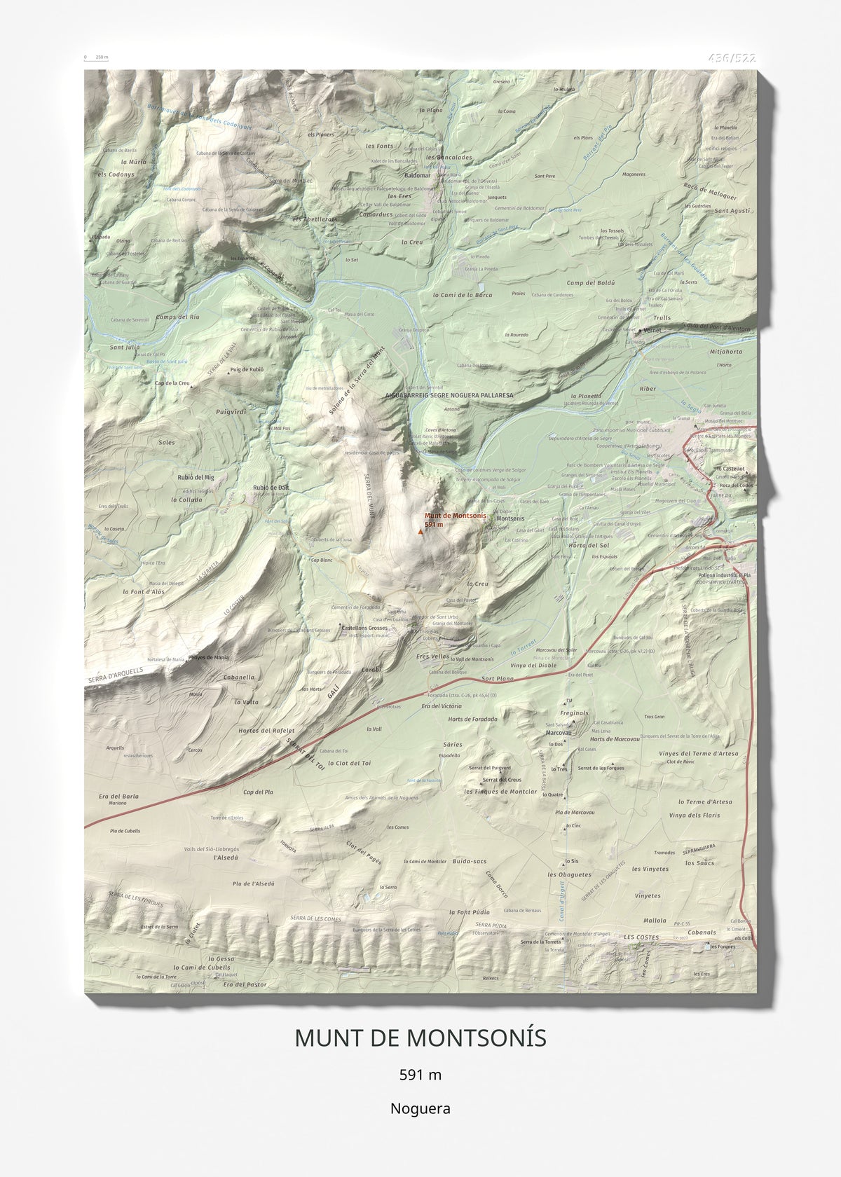 Mapa de relieve de Munt de Montsonís, 591 m, Noguera, lámina 100 Cims de Trobart 50 × 70 cm.