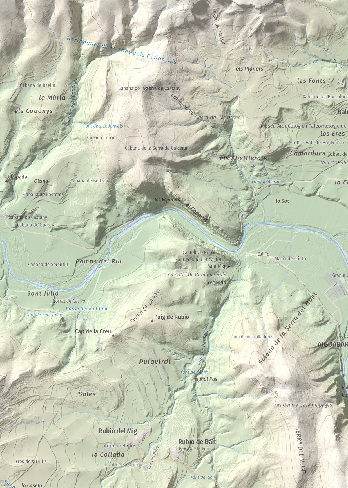 Mapa de relieve de Munt de Montsonís, 591 m, Noguera, lámina 100 Cims de Trobart. Detalle de la zona superior izquierda. 50 × 70 cm.