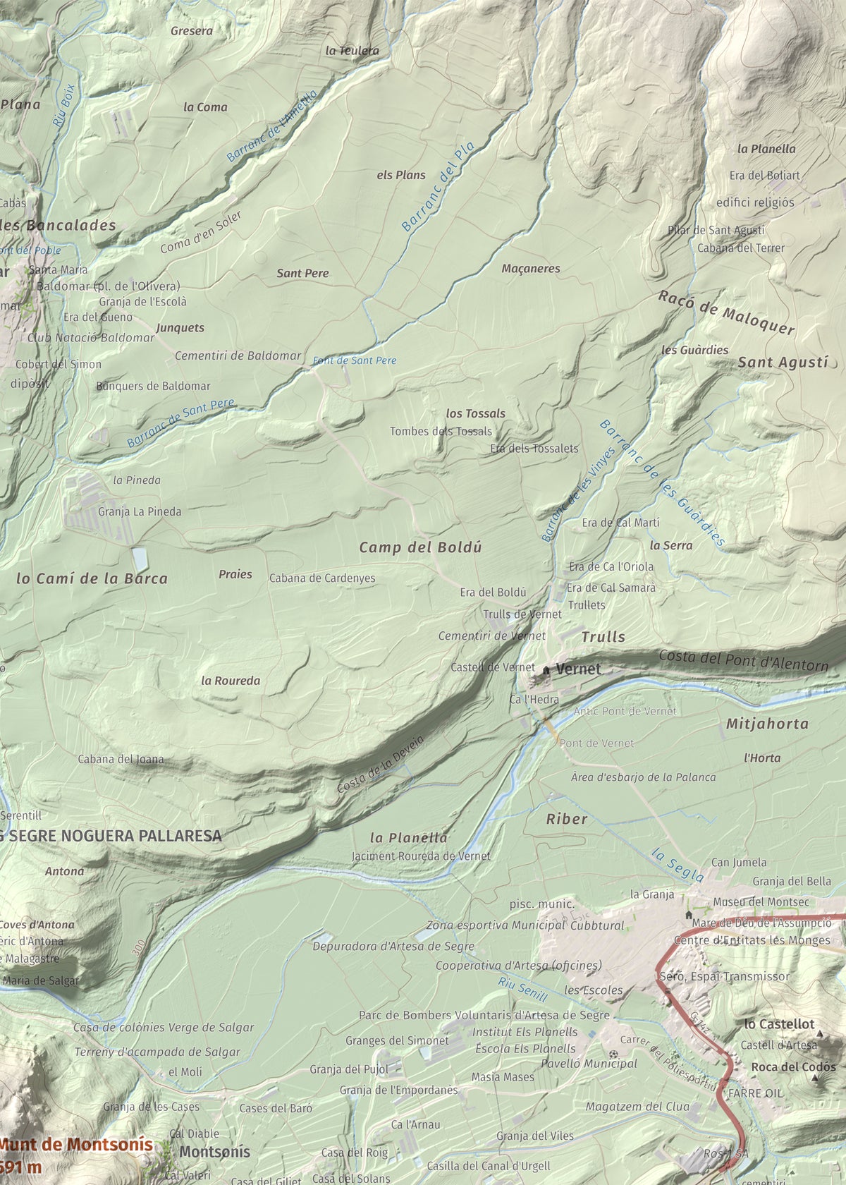Mapa de relieve de Munt de Montsonís, 591 m, Noguera, lámina 100 Cims de Trobart. Detalle de la zona superior derecha. 50 × 70 cm.