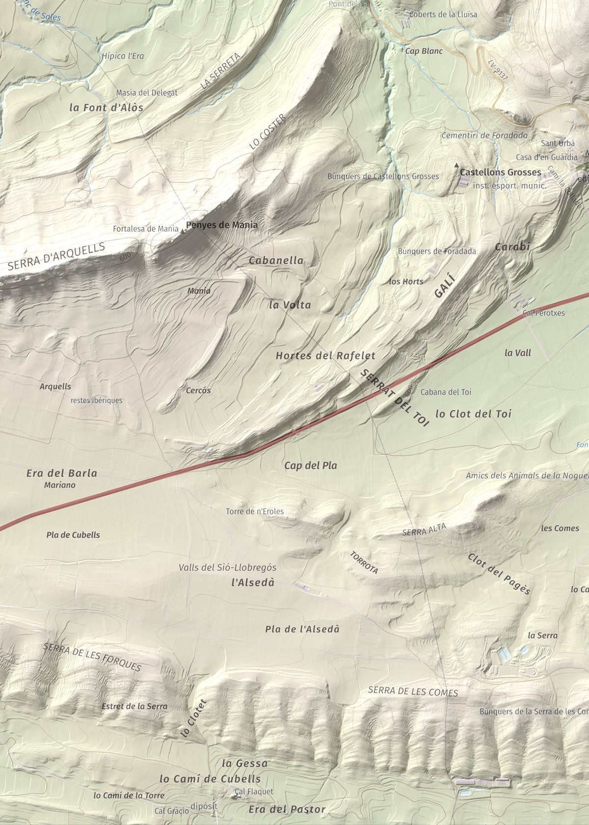 Mapa de relieve de Munt de Montsonís, 591 m, Noguera, lámina 100 Cims de Trobart. Detalle de la zona inferior izquierda. 50 × 70 cm.