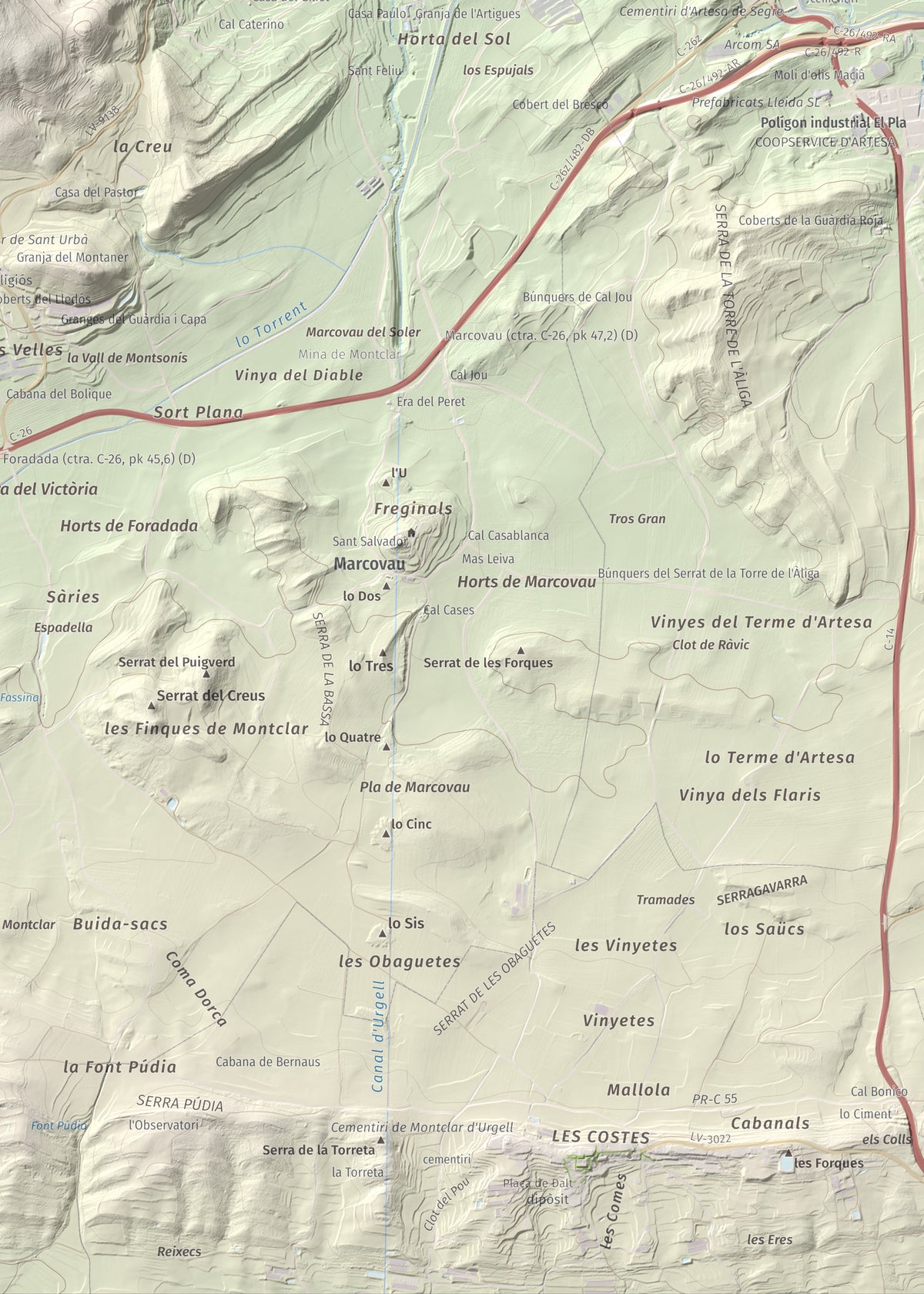 Mapa de relieve de Munt de Montsonís, 591 m, Noguera, lámina 100 Cims de Trobart. Detalle de la zona inferior derecha. 50 × 70 cm.