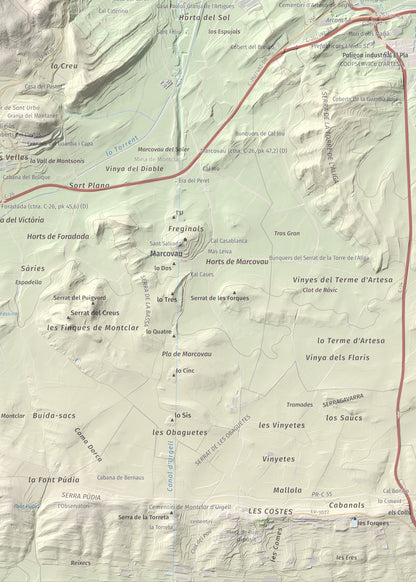 Mapa de relieve de Munt de Montsonís, 591 m, Noguera, lámina 100 Cims de Trobart. Detalle de la zona inferior derecha. 50 × 70 cm.