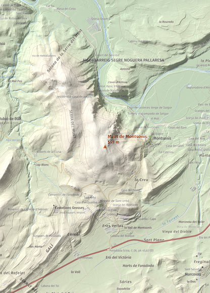 Mapa de relieve de Munt de Montsonís, 591 m, Noguera, lámina 100 Cims de Trobart. Detalle de la zona central. 50 × 70 cm.
