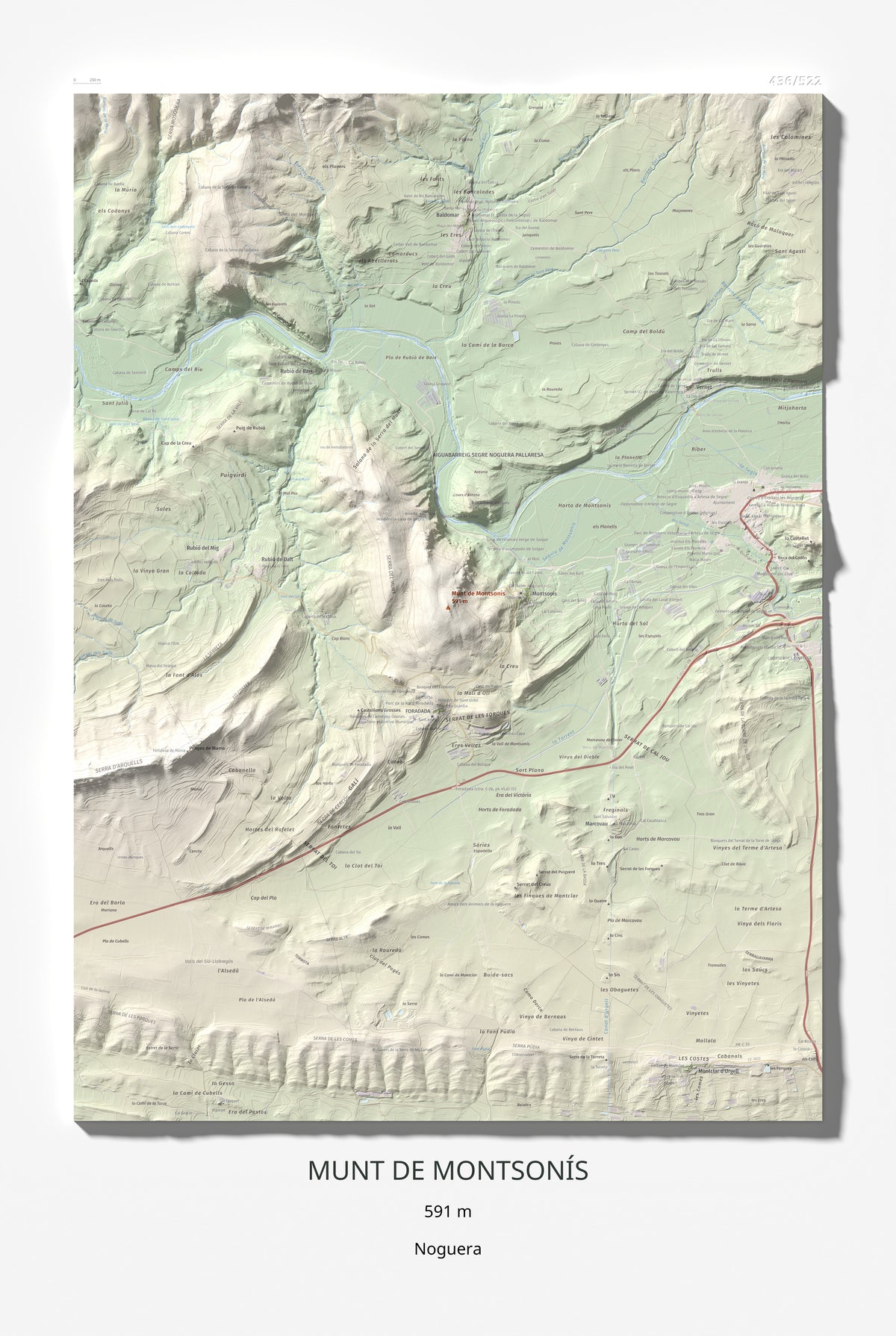 Mapa de relieve de Munt de Montsonís, 591 m, Noguera, lámina 100 Cims de Trobart 61 × 91 cm.