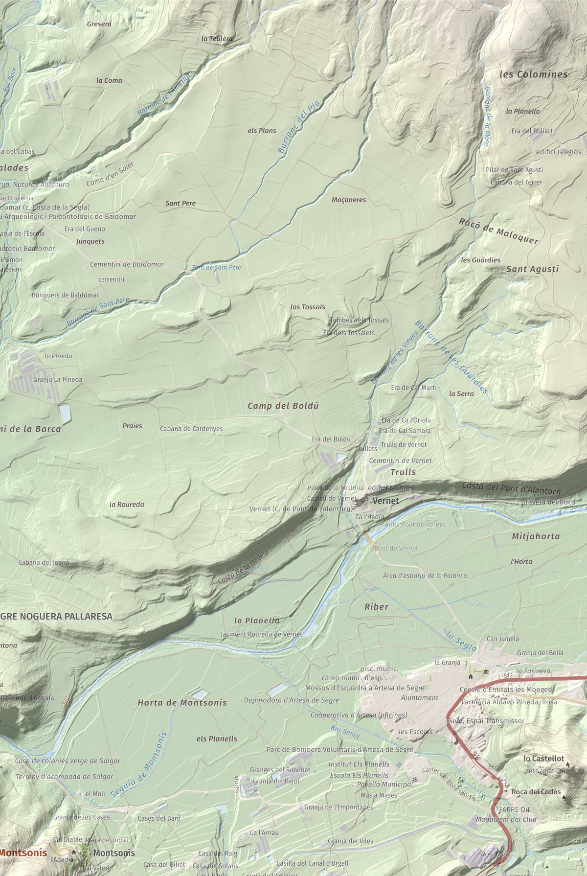 Mapa de relieve de Munt de Montsonís, 591 m, Noguera, lámina 100 Cims de Trobart. Detalle de la zona superior derecha. 61 × 91 cm.