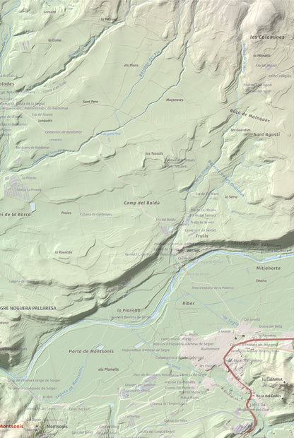 Mapa de relieve de Munt de Montsonís, 591 m, Noguera, lámina 100 Cims de Trobart. Detalle de la zona superior derecha. 61 × 91 cm.