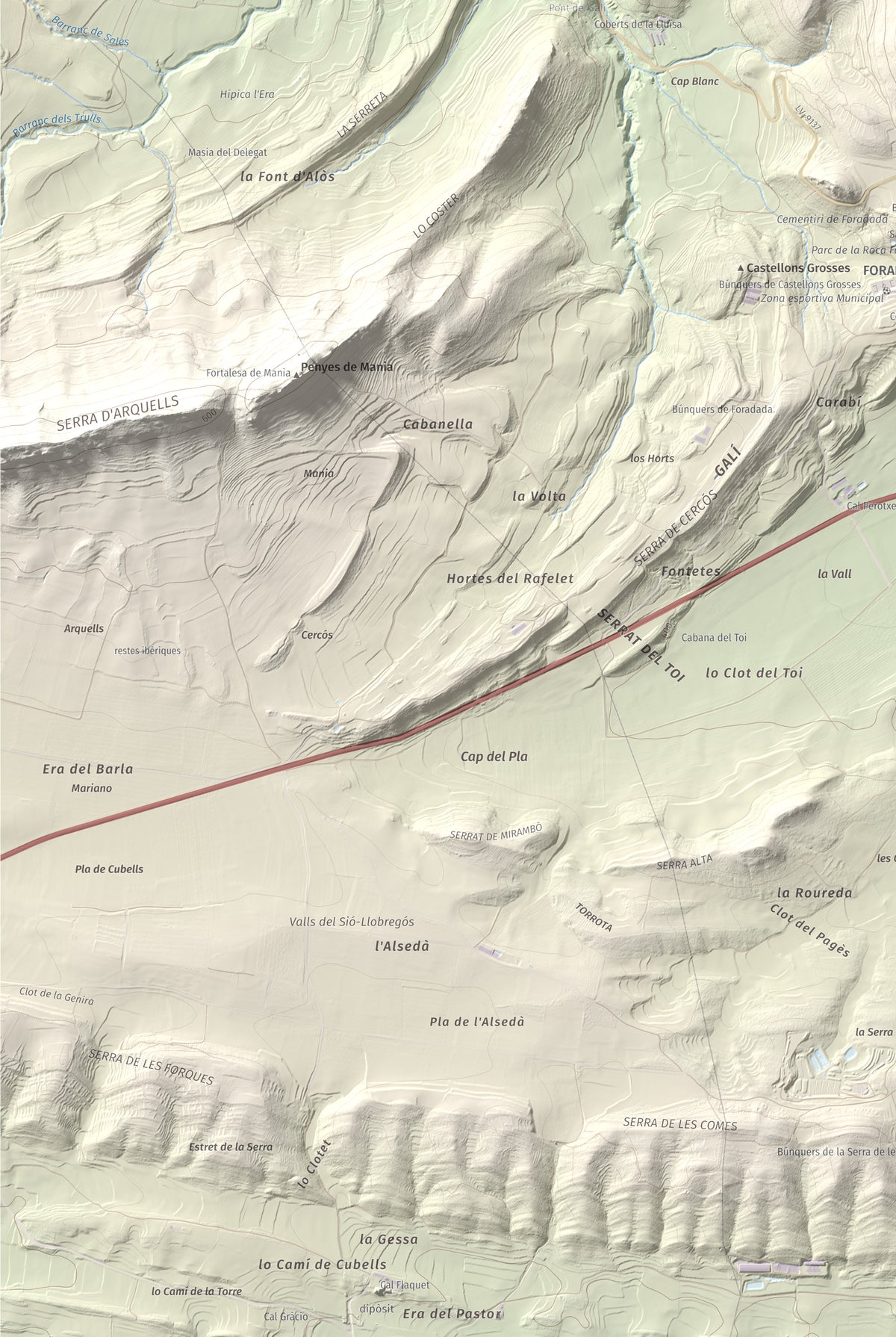 Mapa de relieve de Munt de Montsonís, 591 m, Noguera, lámina 100 Cims de Trobart. Detalle de la zona inferior izquierda. 61 × 91 cm.