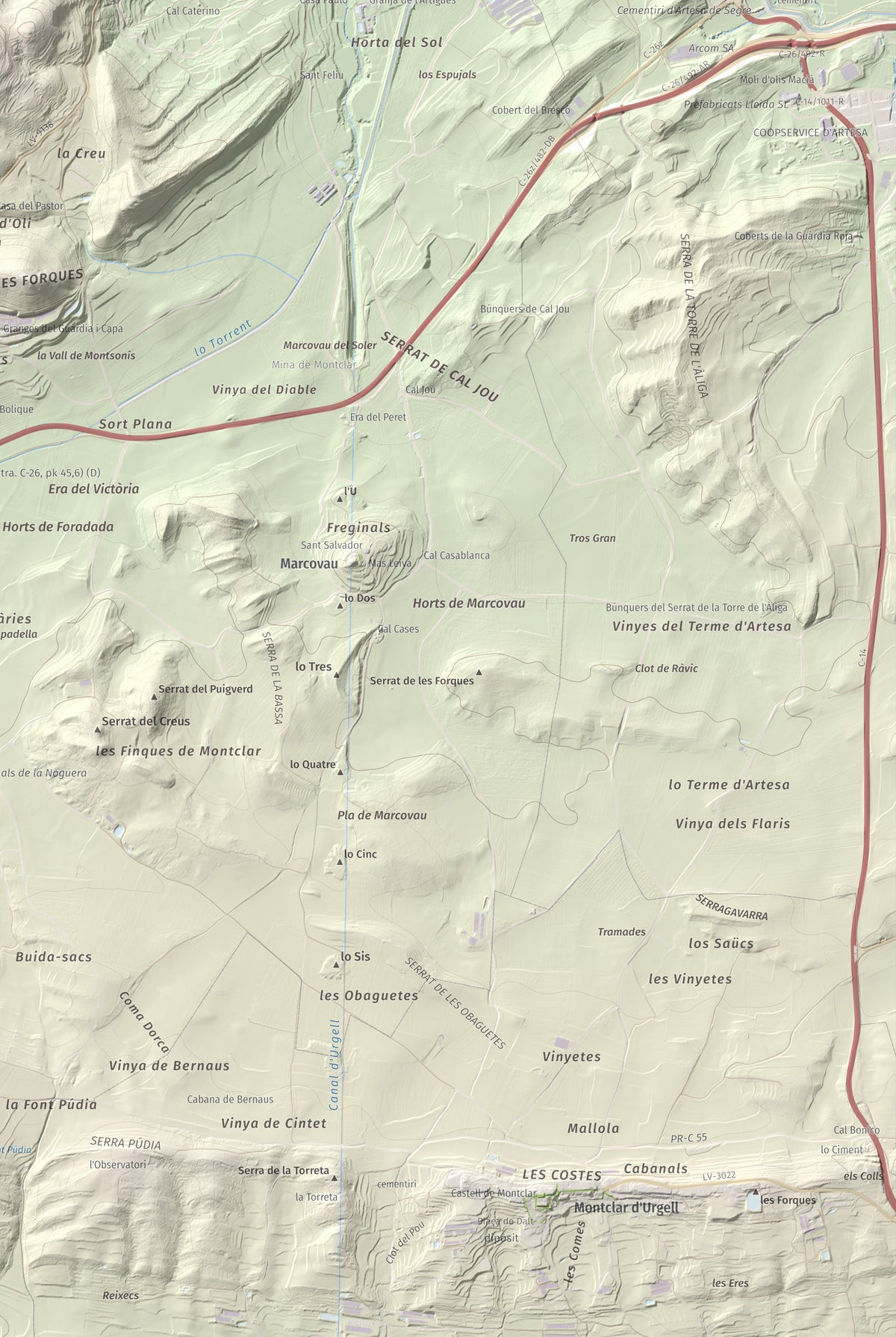 Mapa de relieve de Munt de Montsonís, 591 m, Noguera, lámina 100 Cims de Trobart. Detalle de la zona inferior derecha. 61 × 91 cm.