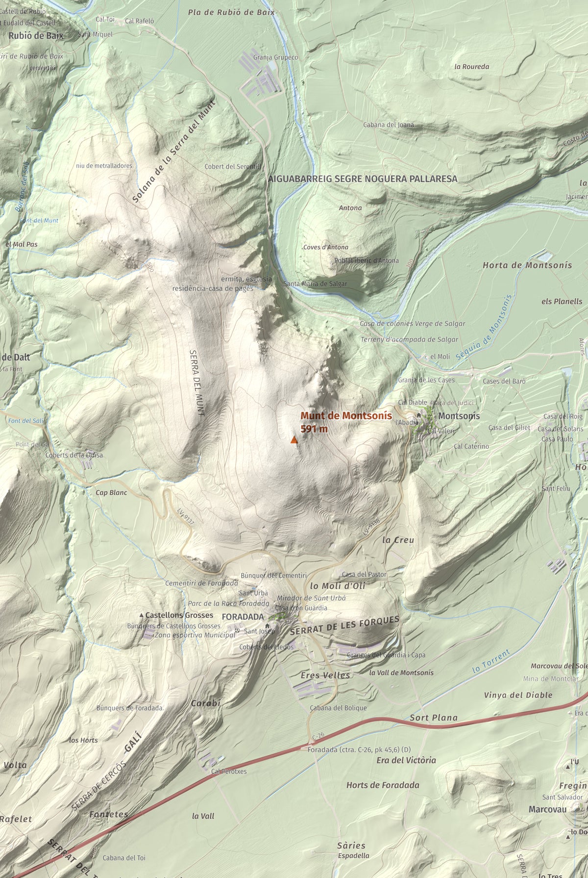 Mapa de relieve de Munt de Montsonís, 591 m, Noguera, lámina 100 Cims de Trobart. Detalle de la zona central. 61 × 91 cm.