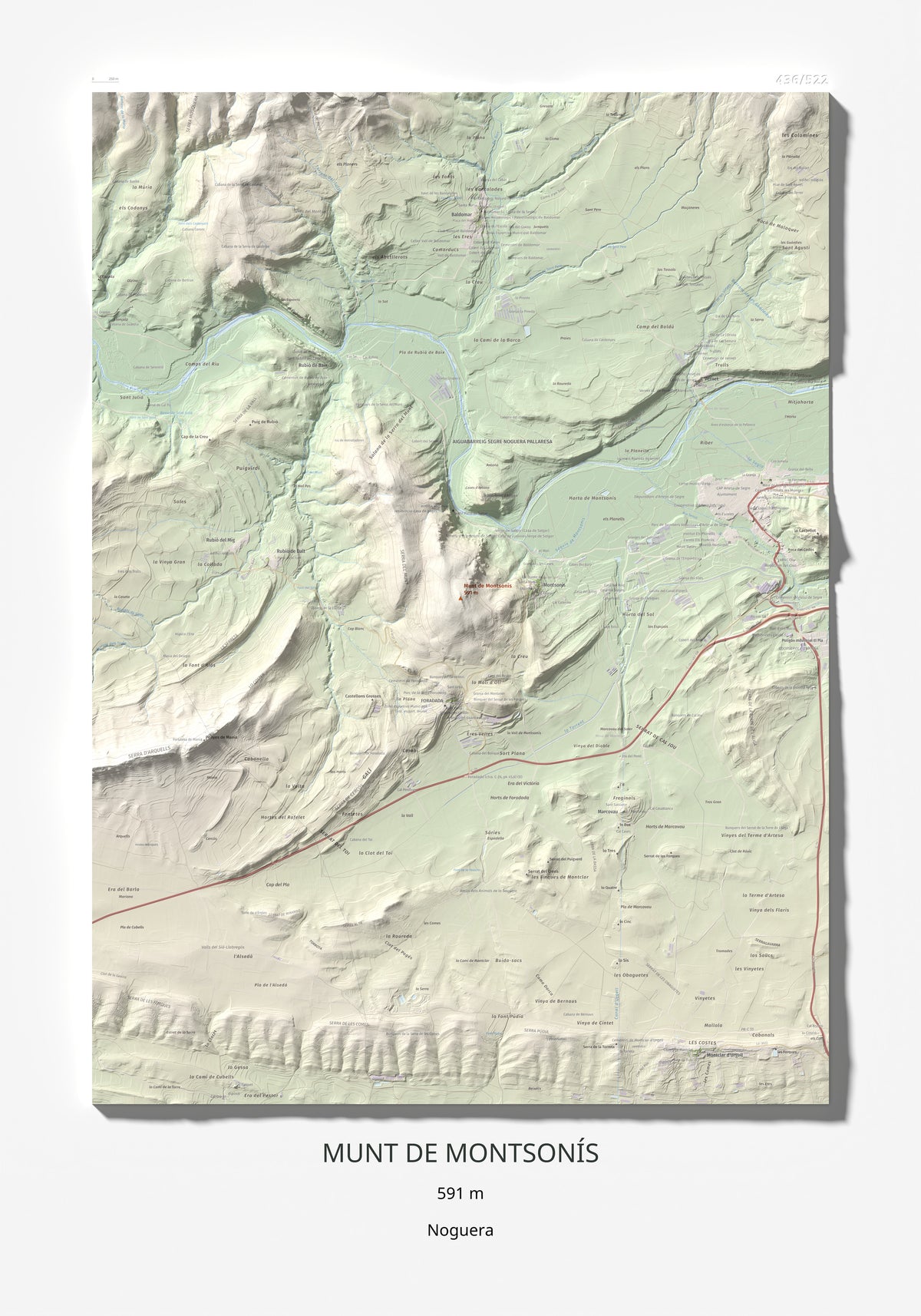 Mapa de relieve de Munt de Montsonís, 591 m, Noguera, lámina 100 Cims de Trobart 70 × 100 cm.