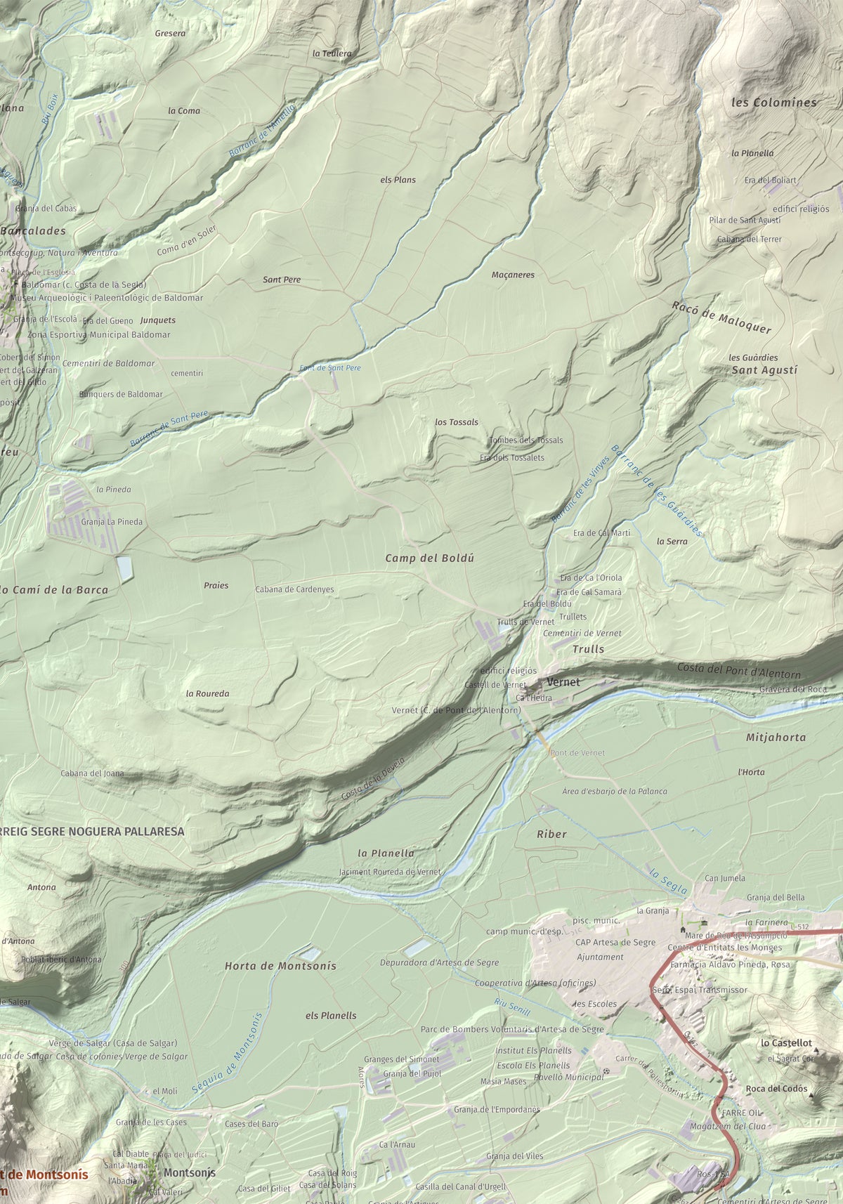 Mapa de relieve de Munt de Montsonís, 591 m, Noguera, lámina 100 Cims de Trobart. Detalle de la zona superior derecha. 70 × 100 cm.
