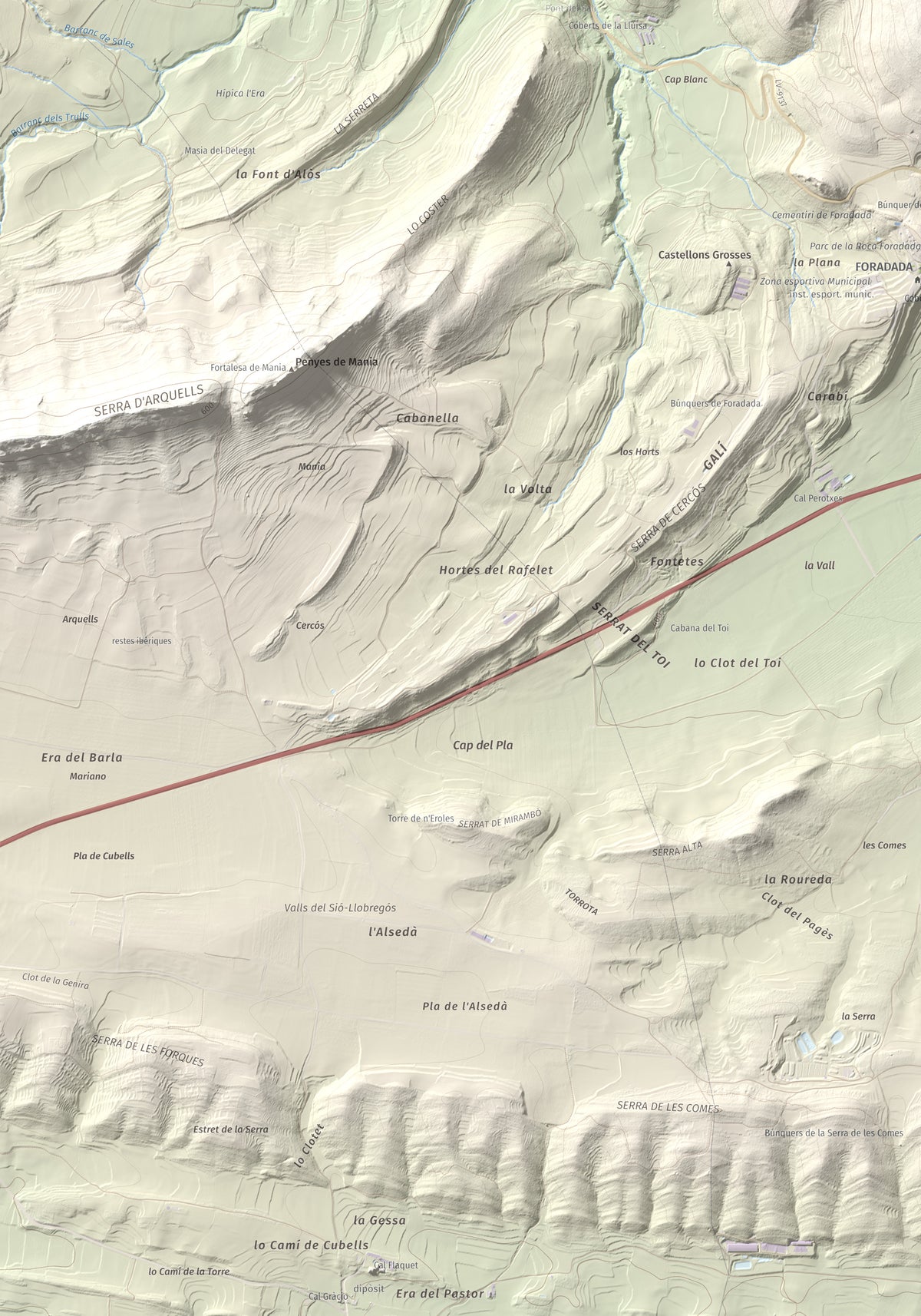 Mapa de relieve de Munt de Montsonís, 591 m, Noguera, lámina 100 Cims de Trobart. Detalle de la zona inferior izquierda. 70 × 100 cm.