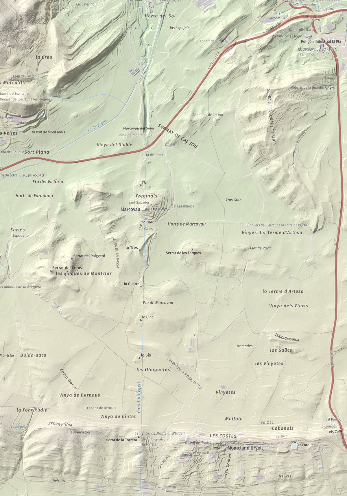 Mapa de relieve de Munt de Montsonís, 591 m, Noguera, lámina 100 Cims de Trobart. Detalle de la zona inferior derecha. 70 × 100 cm.