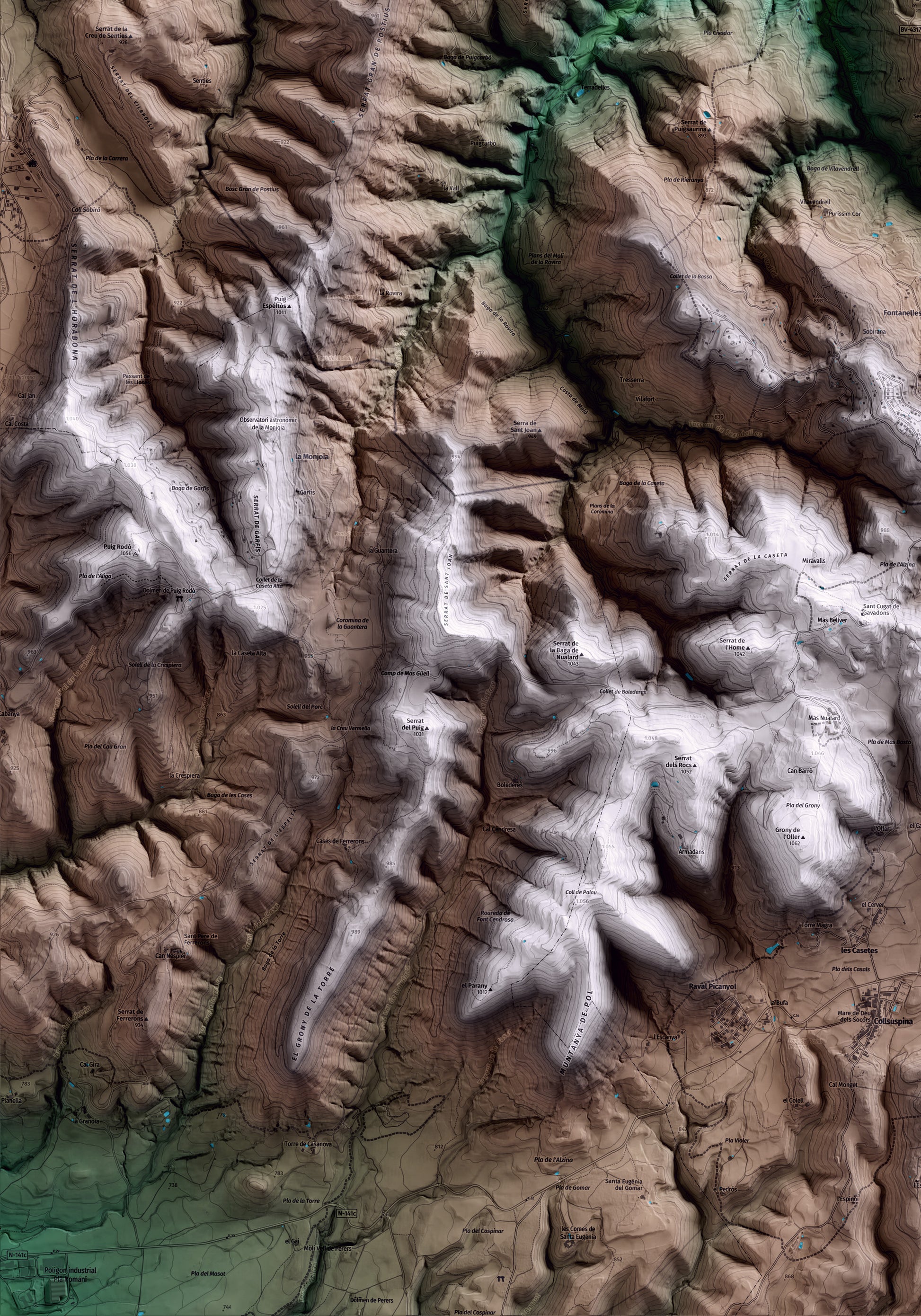 Mapa artístico del relieve de Muntanyola, a Osona, con 15 km de entorno y base topográfica ICGC. Detalle de la zona inferior izquierda.