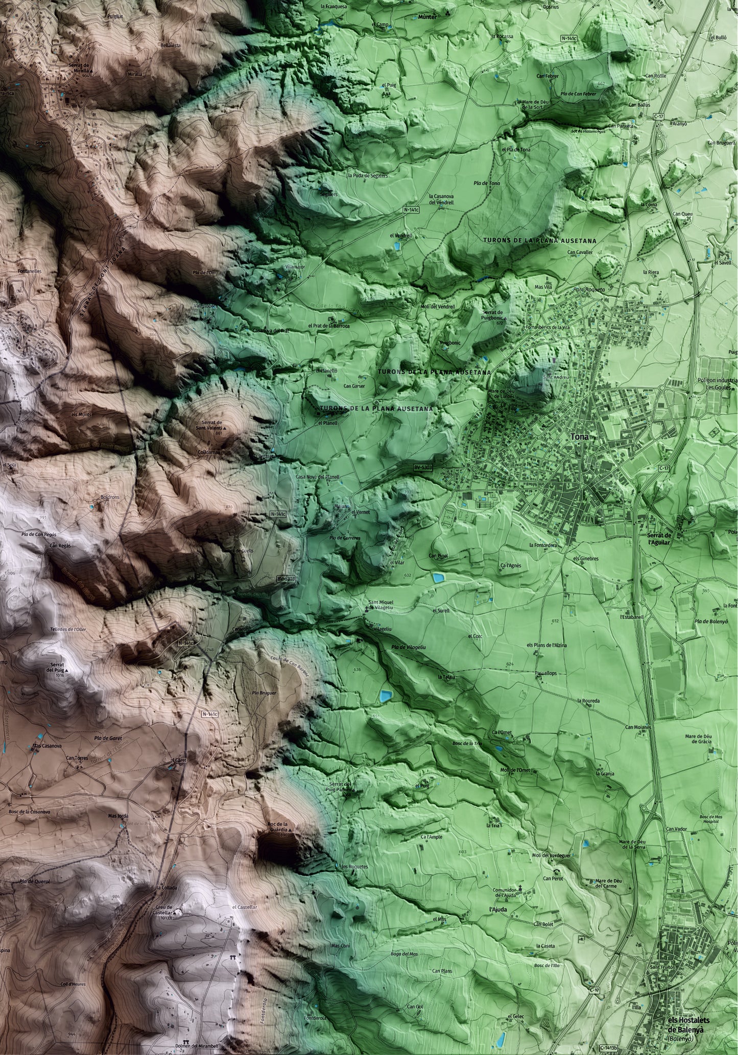 Mapa artístico del relieve de Muntanyola, a Osona, con 15 km de entorno y base topográfica ICGC. Detalle de la zona inferior derecha.