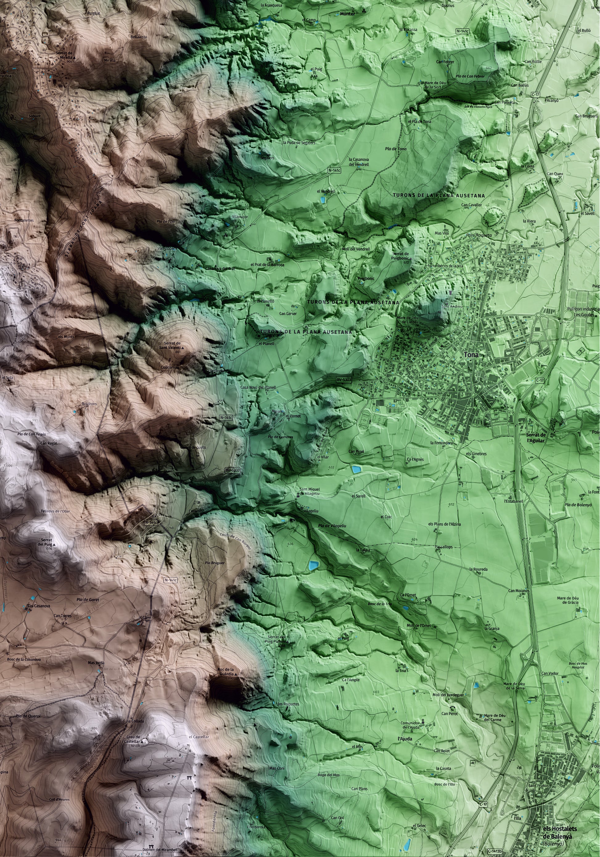 Mapa artístico del relieve de Muntanyola, a Osona, con 15 km de entorno y base topográfica ICGC. Detalle de la zona inferior derecha.