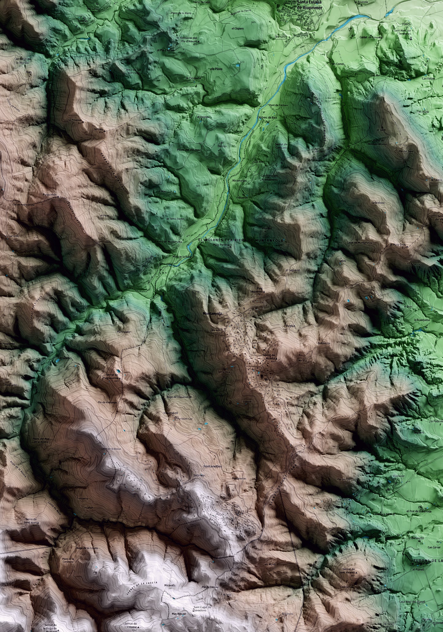 Mapa artístico del relieve de Muntanyola, a Osona, con 15 km de entorno y base topográfica ICGC. Detalle de la zona central.