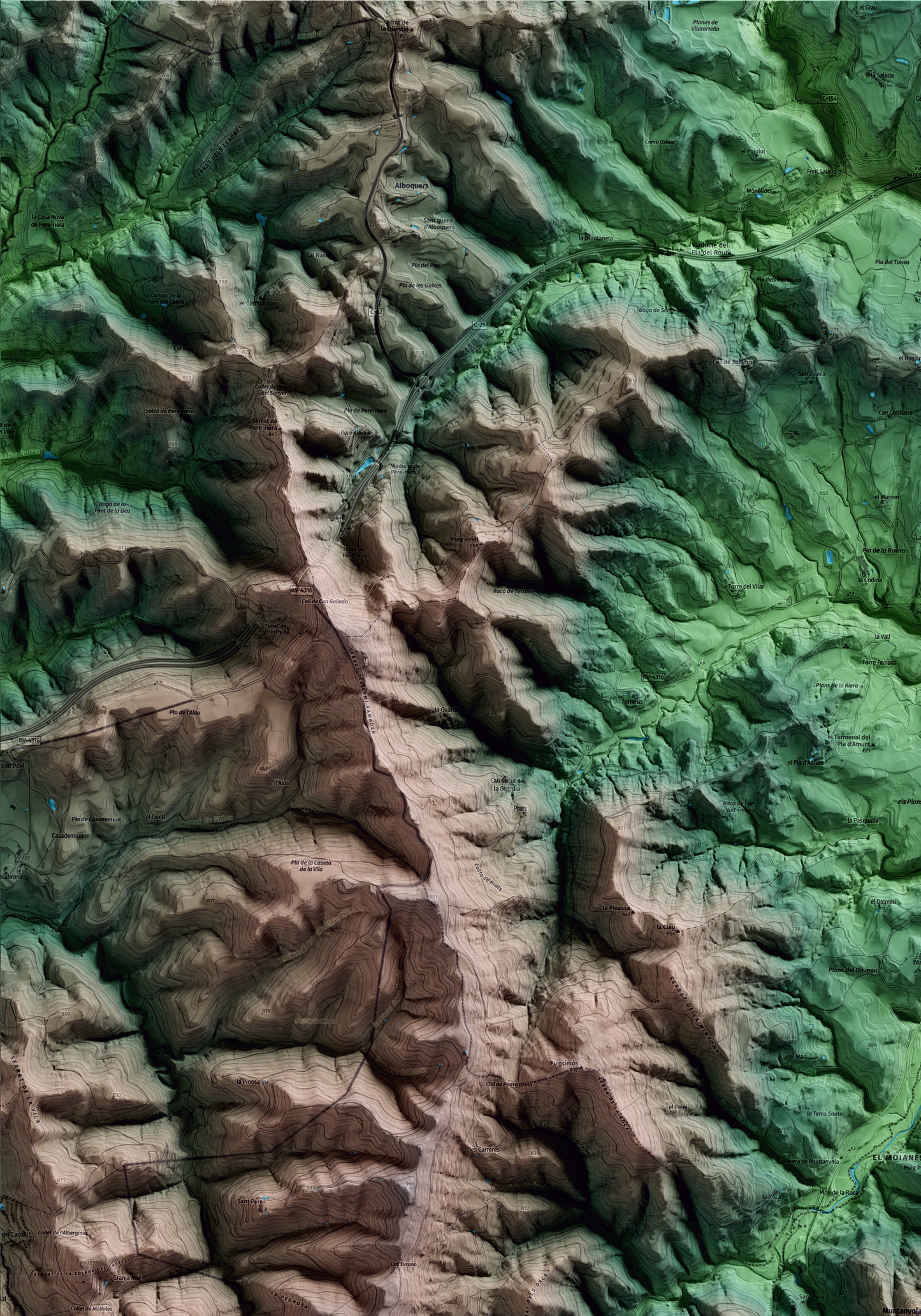 Mapa artístico del relieve de Muntanyola, a Osona, con 15 km de entorno y base topográfica ICGC. Detalle de la zona superior izquierda.