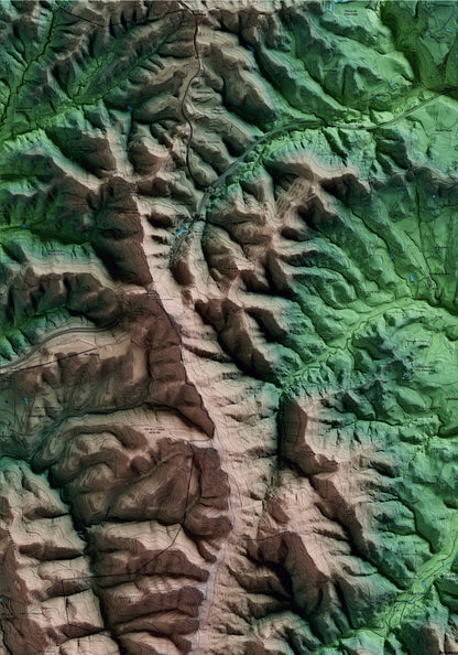 Mapa artístico del relieve de Muntanyola, a Osona, con 15 km de entorno y base topográfica ICGC. Detalle de la zona superior izquierda.