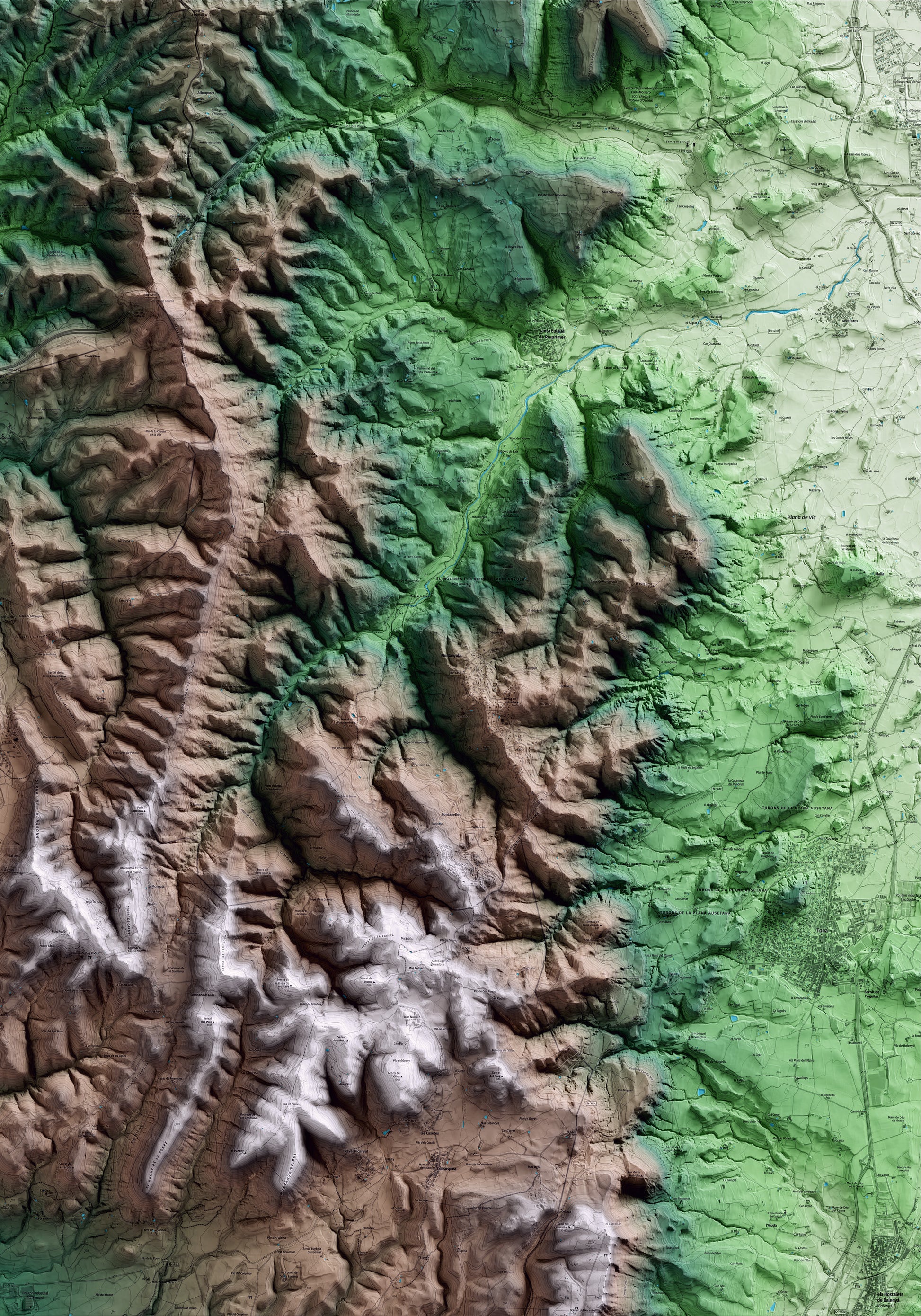 Mapa artístico del relieve de Muntanyola, a Osona, con 15 km de entorno y base topográfica ICGC