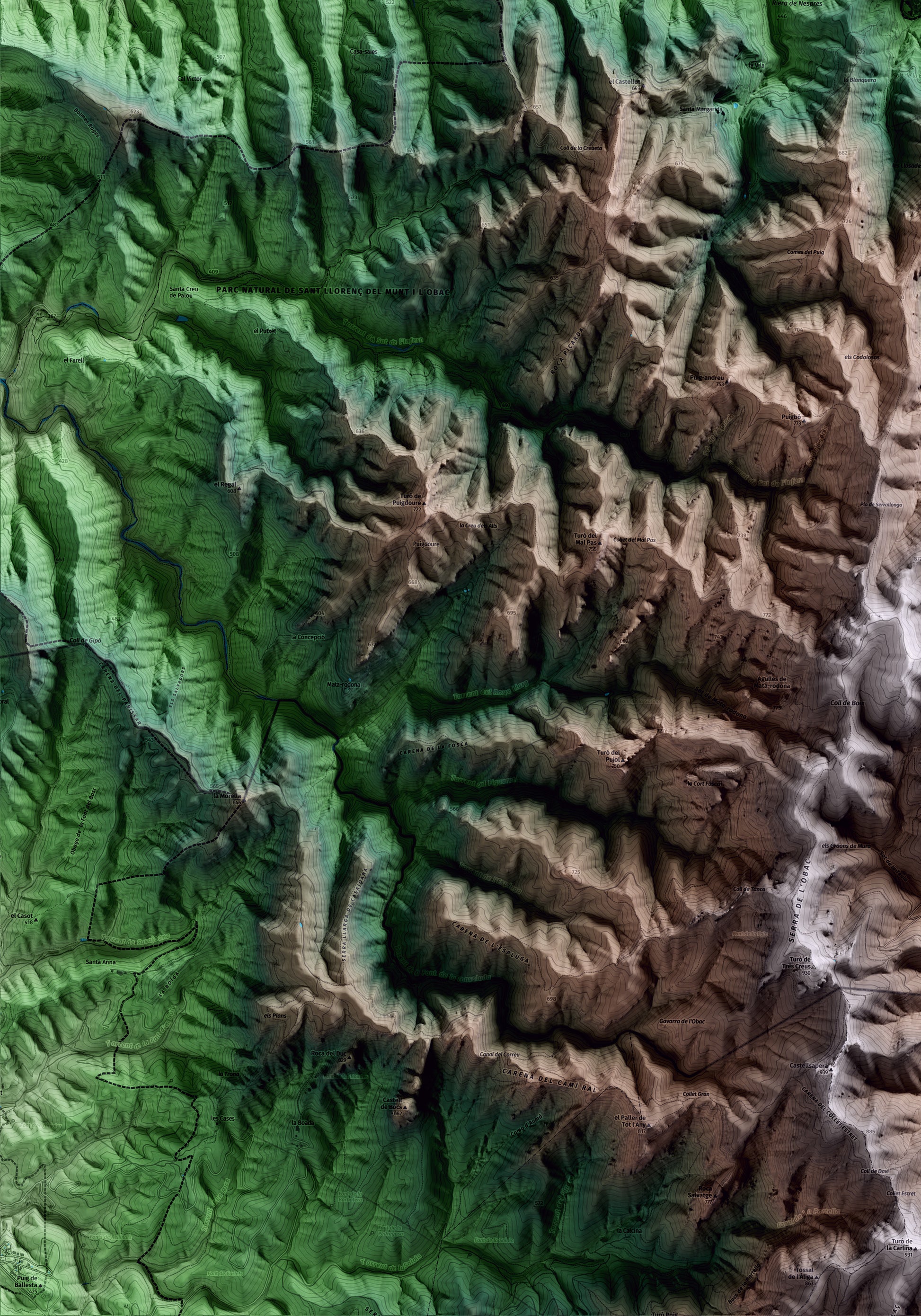 Mapa artístico del relieve de Mura, al Bages, con 15 km de entorno y base topográfica ICGC. Detalle de la zona inferior izquierda.