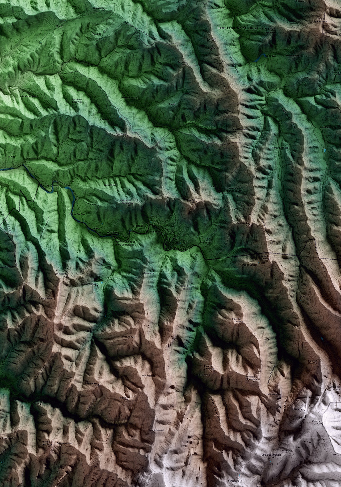 Mapa artístico del relieve de Mura, al Bages, con 15 km de entorno y base topográfica ICGC. Detalle de la zona central.