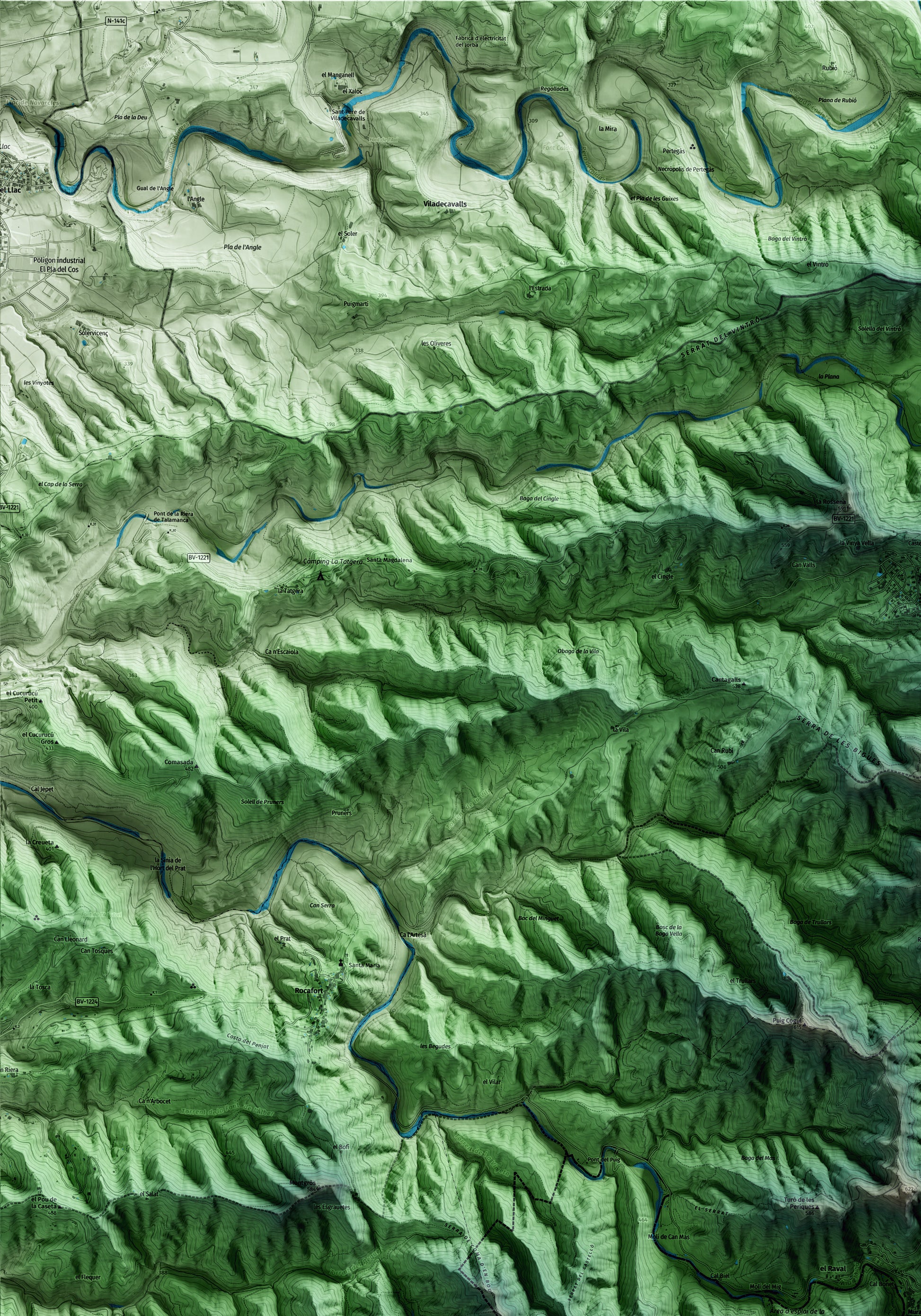 Mapa artístico del relieve de Mura, al Bages, con 15 km de entorno y base topográfica ICGC. Detalle de la zona superior izquierda.