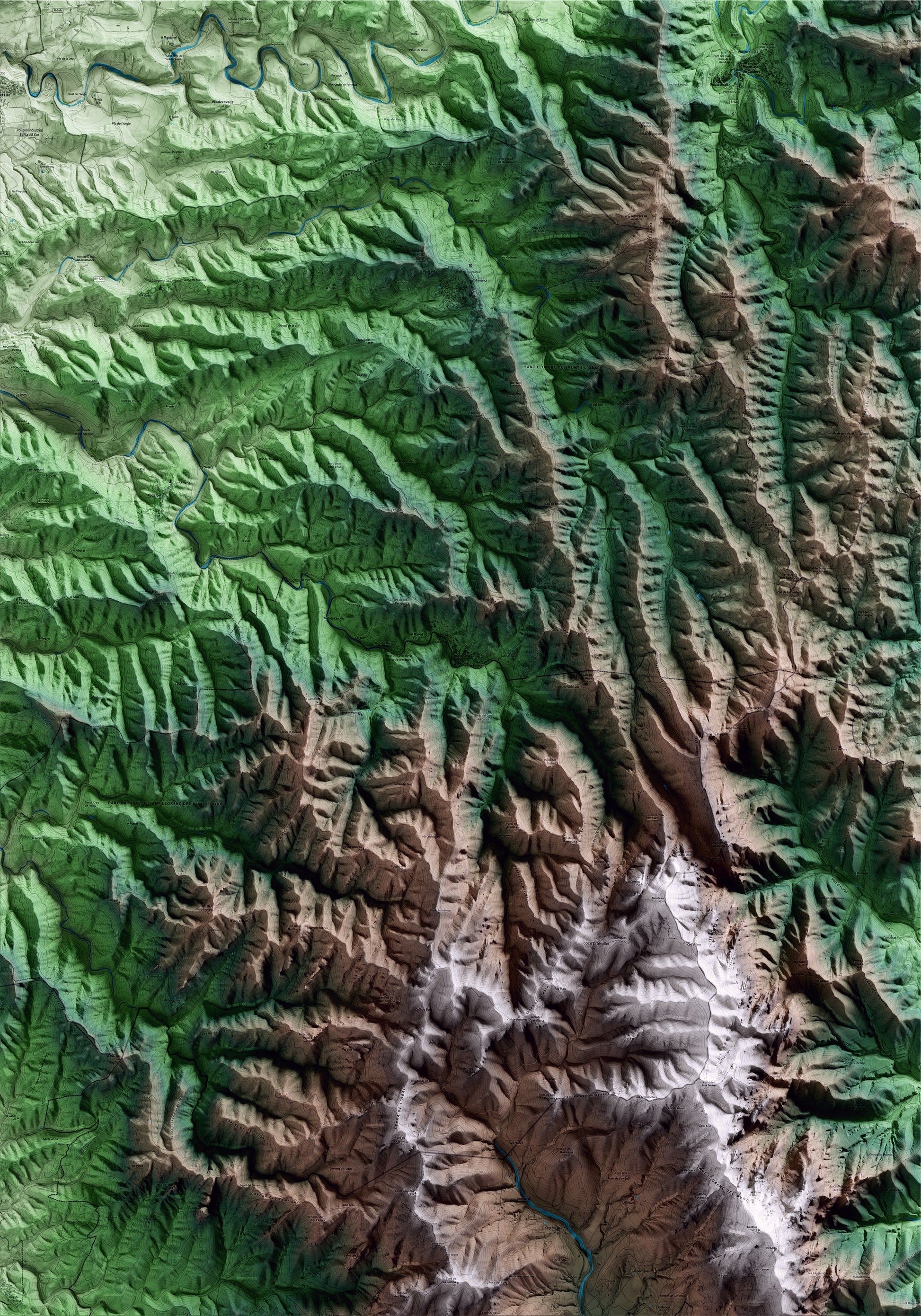 Mapa artístico del relieve de Mura, al Bages, con 15 km de entorno y base topográfica ICGC