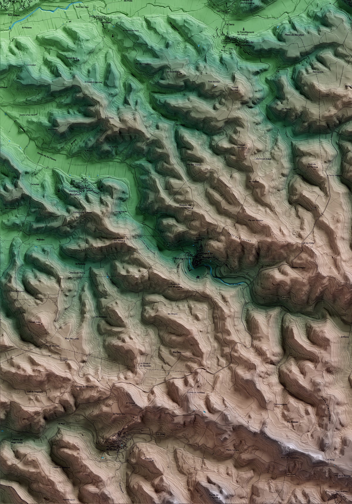 Mapa artístico del relieve de Nalec, al Urgell, con 15 km de entorno y base topográfica ICGC. Detalle de la zona inferior izquierda.