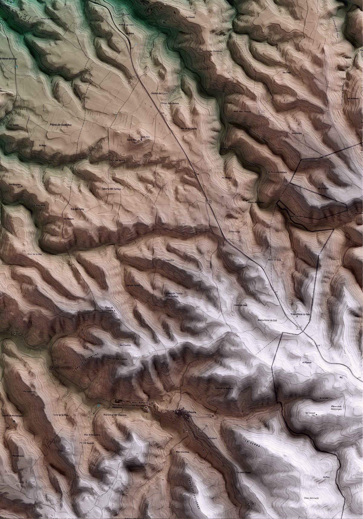 Mapa artístico del relieve de Nalec, al Urgell, con 15 km de entorno y base topográfica ICGC. Detalle de la zona inferior derecha.