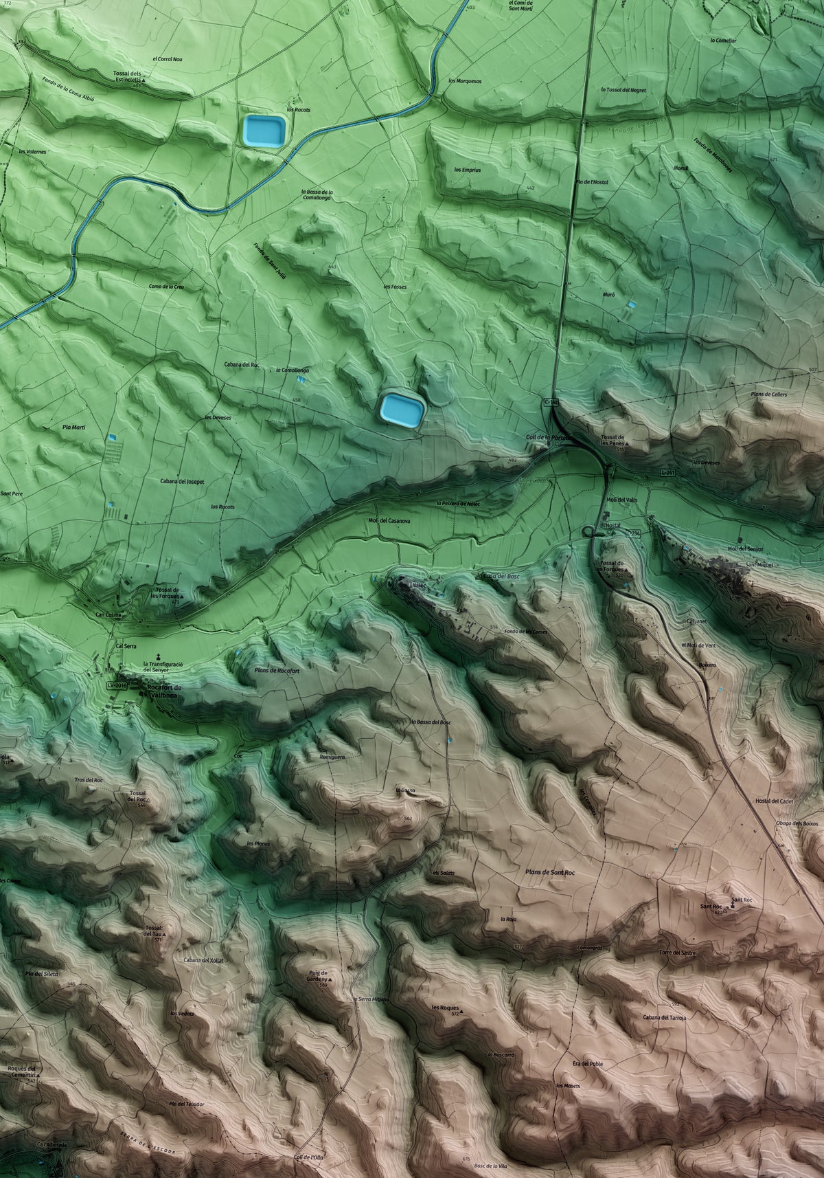 Mapa artístico del relieve de Nalec, al Urgell, con 15 km de entorno y base topográfica ICGC. Detalle de la zona central.