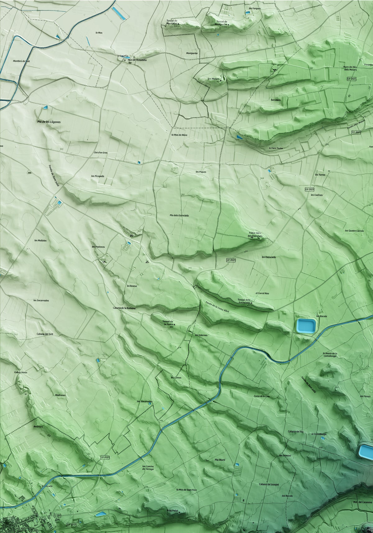 Mapa artístico del relieve de Nalec, al Urgell, con 15 km de entorno y base topográfica ICGC. Detalle de la zona superior izquierda.