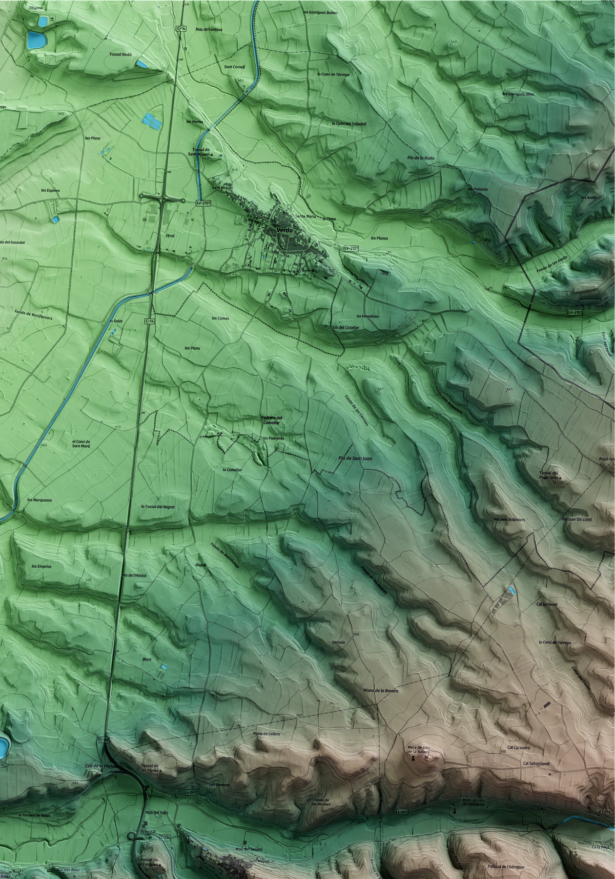 Mapa artístico del relieve de Nalec, al Urgell, con 15 km de entorno y base topográfica ICGC. Detalle de la zona superior derecha.