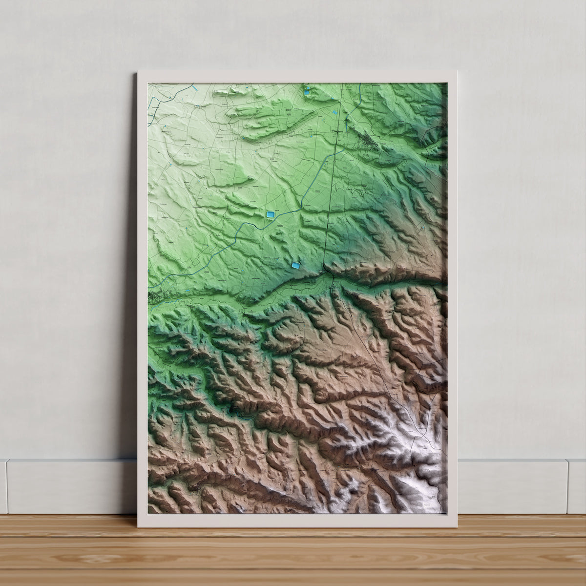 Mapa artístico del relieve de Nalec, al Urgell, con 15 km de entorno y base topográfica ICGC. Presentación enmarcada.
