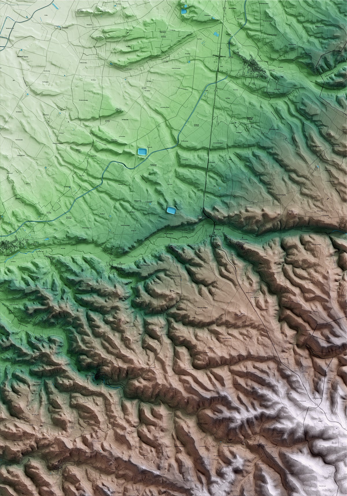 Mapa artístico del relieve de Nalec, al Urgell, con 15 km de entorno y base topográfica ICGC