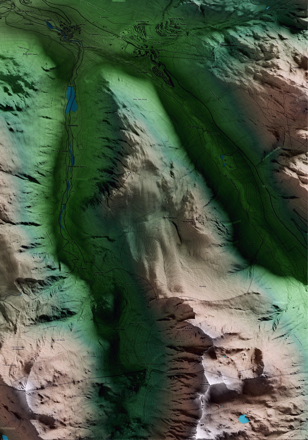 Mapa artístico del relieve de Naut Aran, al Aran, con 15 km de entorno y base topográfica ICGC. Detalle de la zona inferior derecha.