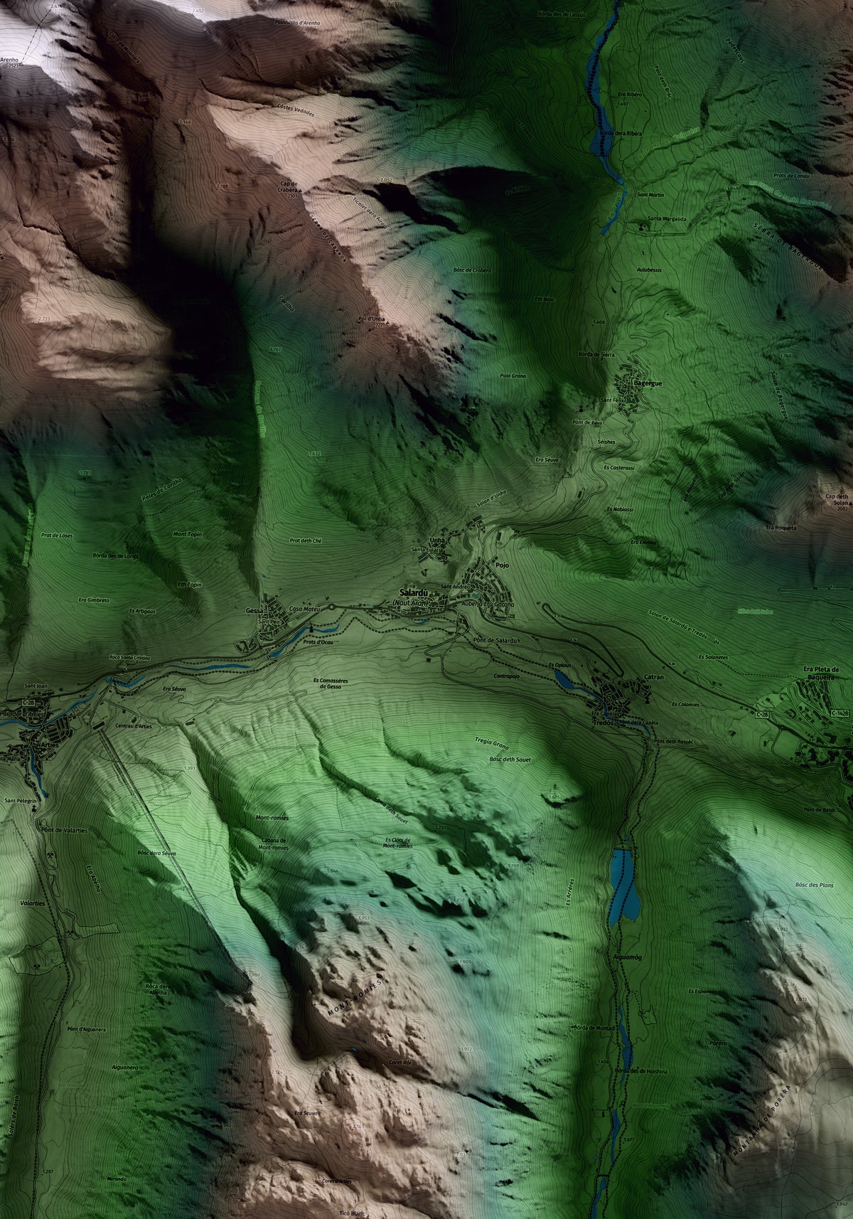 Mapa artístico del relieve de Naut Aran, al Aran, con 15 km de entorno y base topográfica ICGC. Detalle de la zona central.