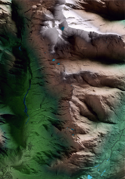 Mapa artístico del relieve de Naut Aran, al Aran, con 15 km de entorno y base topográfica ICGC. Detalle de la zona superior derecha.