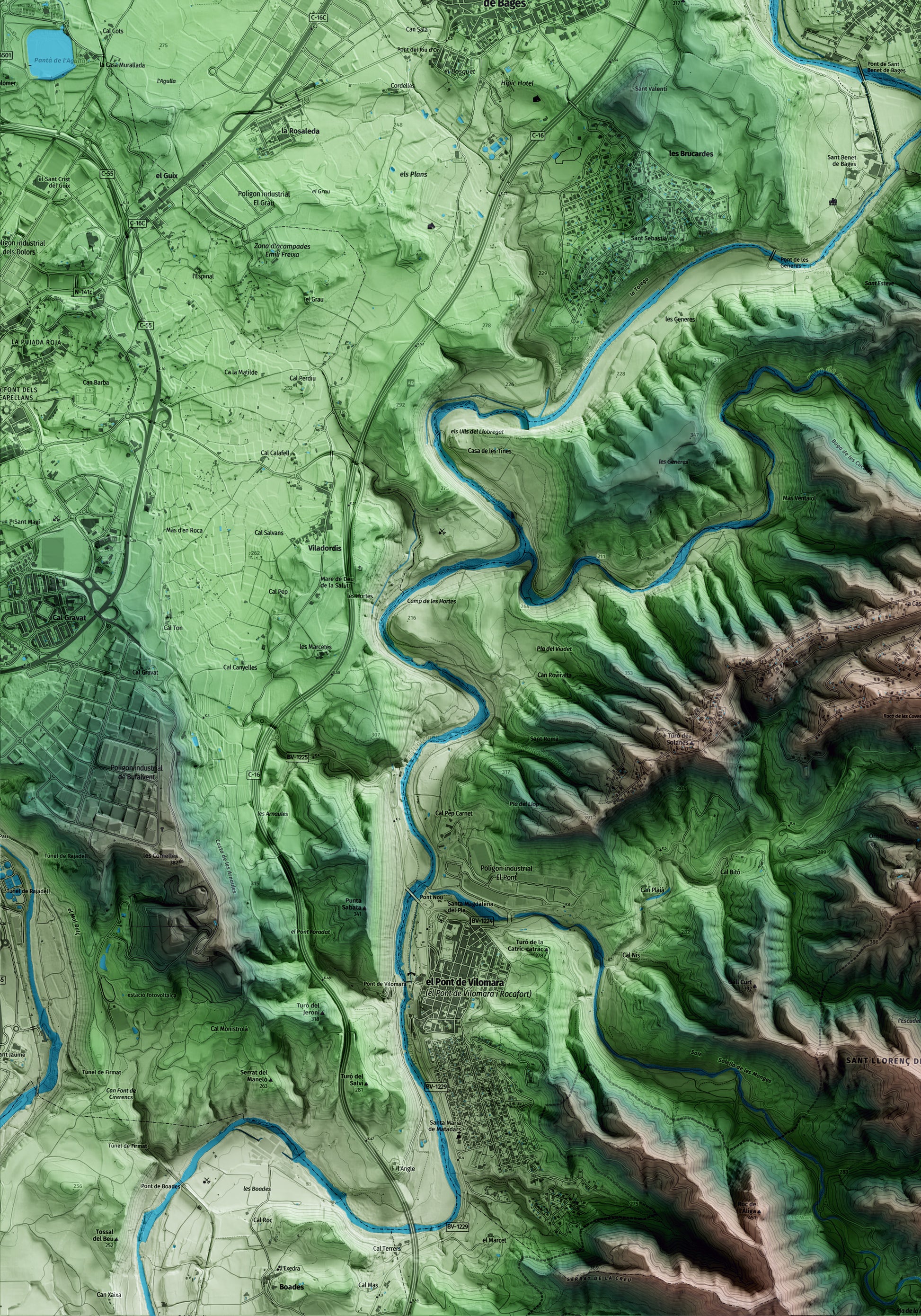 Mapa artístico del relieve de Navarcles, al Bages, con 15 km de entorno y base topográfica ICGC. Detalle de la zona inferior izquierda.