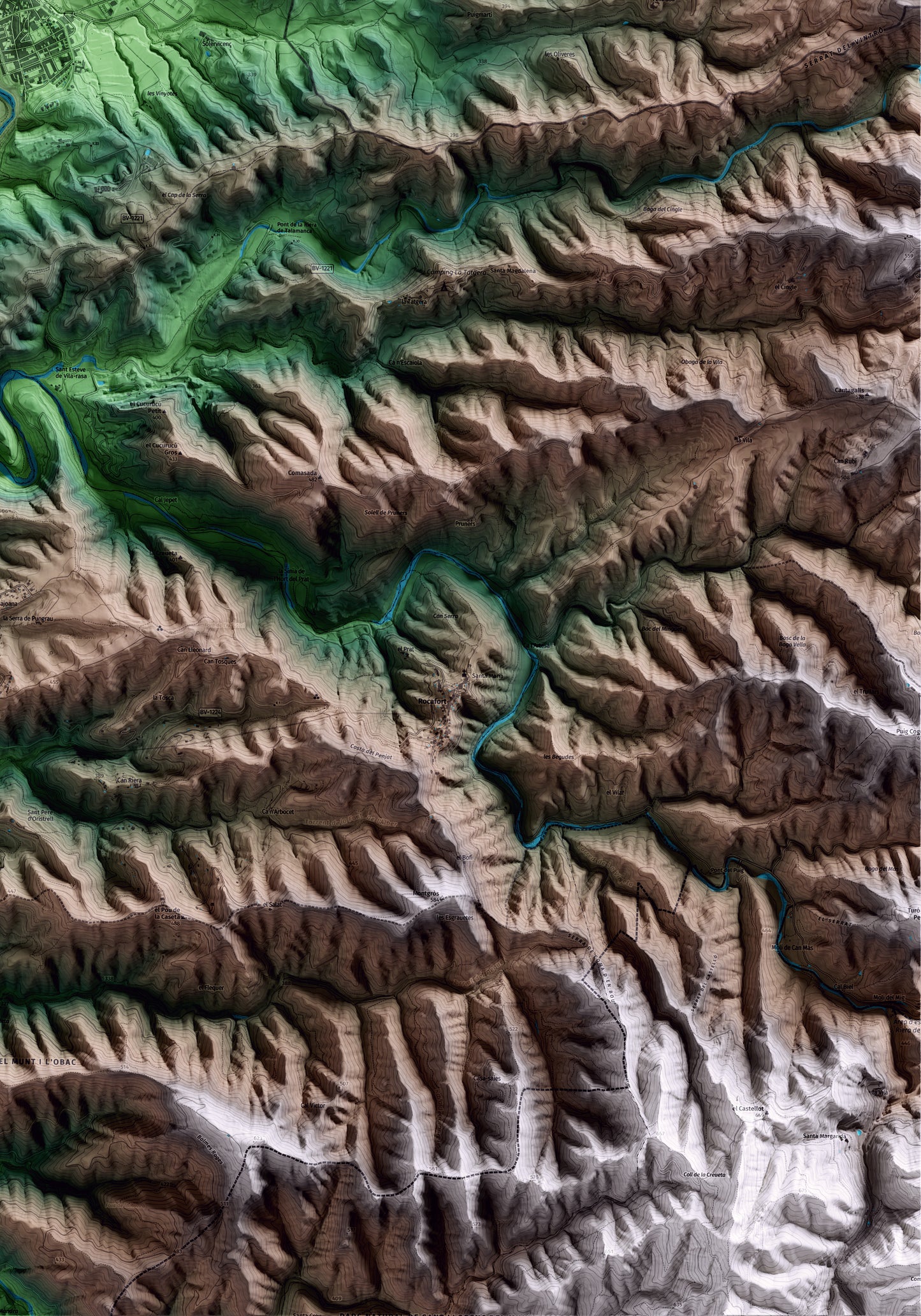 Mapa artístico del relieve de Navarcles, al Bages, con 15 km de entorno y base topográfica ICGC. Detalle de la zona inferior derecha.