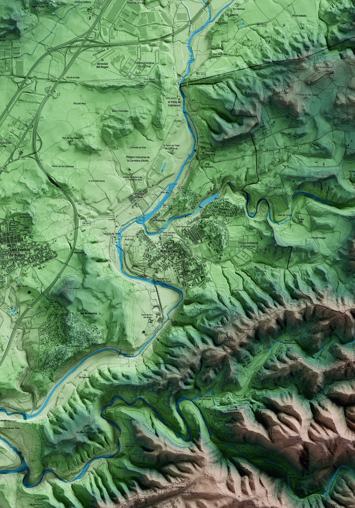 Mapa artístico del relieve de Navarcles, al Bages, con 15 km de entorno y base topográfica ICGC. Detalle de la zona central.