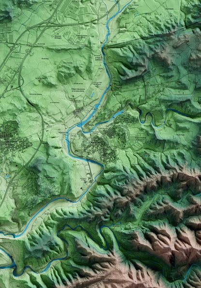 Mapa artístico del relieve de Navarcles, al Bages, con 15 km de entorno y base topográfica ICGC. Detalle de la zona central.