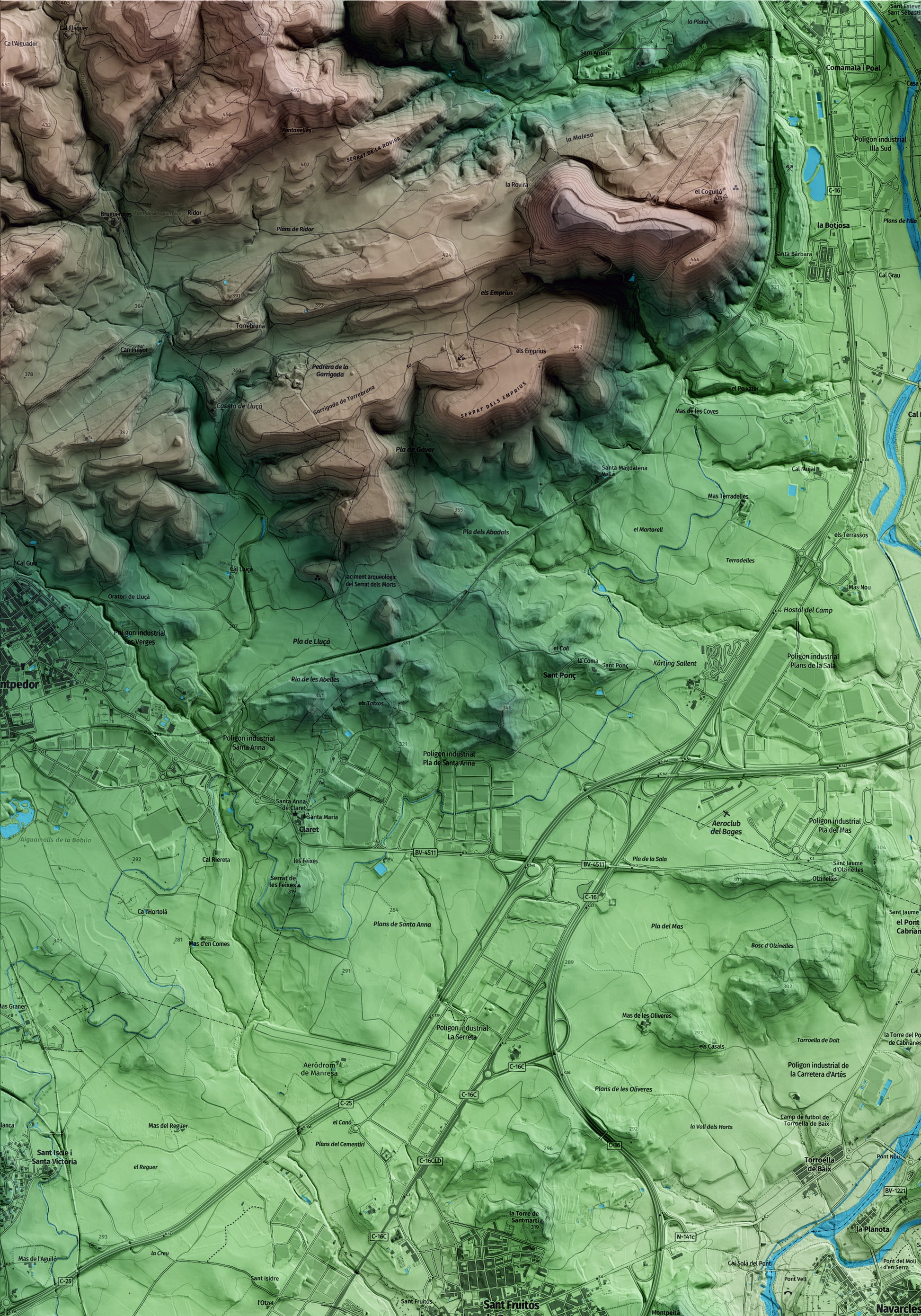 Mapa artístico del relieve de Navarcles, al Bages, con 15 km de entorno y base topográfica ICGC. Detalle de la zona superior izquierda.