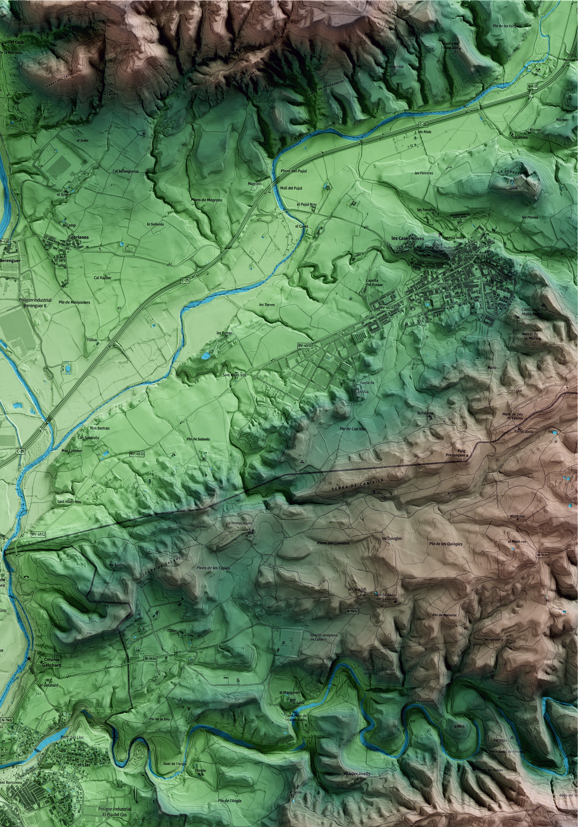 Mapa artístico del relieve de Navarcles, al Bages, con 15 km de entorno y base topográfica ICGC. Detalle de la zona superior derecha.
